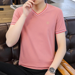 森马夏天透气薄款v领粉色短袖t恤男潮流时尚纯色简单百搭体恤衫帅