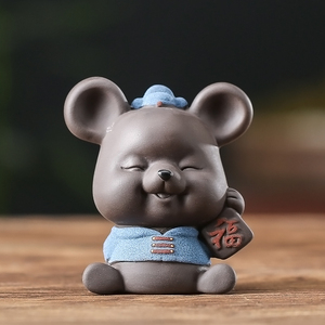 鼠年吉祥物可爱招财五福鼠紫砂茶宠摆件精品可养茶玩家居装饰品