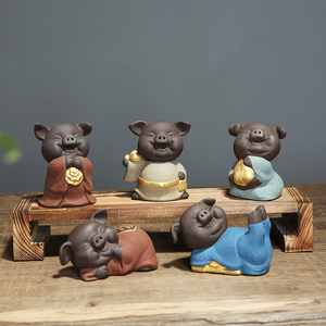 茶宠摆件五福小猪年吉祥物可养紫砂精品创意招财可爱陶瓷手工艺品