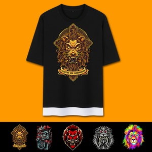 动物图案狮子头周边潮流中国风印花衣服青年男生夏季t恤落肩短袖