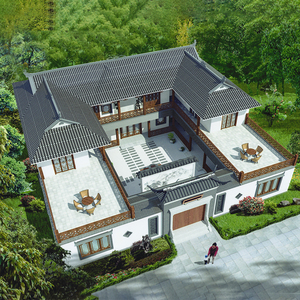 b764二层中式三合院别墅设计图纸豪华大气农村自建房四合院效果图