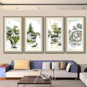 纯手工十字绣成品水乡四季春夏秋冬四联画客厅现代风景装饰画出售