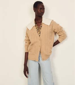 sandro veneta 秋冬款刺绣波浪花边v领立体温柔针织开衫毛衣外套