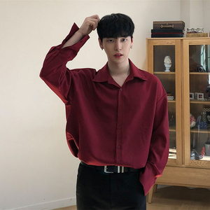 新品男士冰丝韩式衬衫男长袖夏季韩版宽松酒红衬衣男薄款内搭潮流