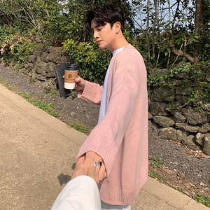 春秋毛衣男粉色针织打底开衫男士韩版宽松潮流外穿羊毛内搭上衣男