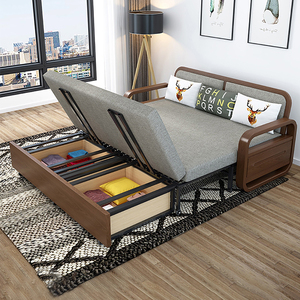 带收纳的沙发 折叠实木推拉两用储物 书房小沙发床 小户型伸缩床