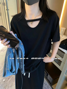 mocha新款韩版短袖T恤女夏季设计感小众修身显瘦性感露锁骨上衣潮