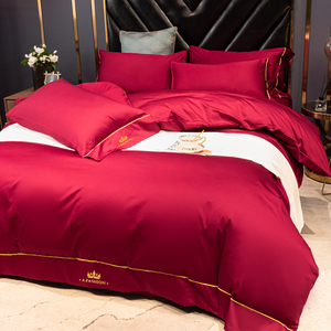 欧式60支长绒棉婚庆四件套简约全棉大红色纯色1.8m结婚床上用品