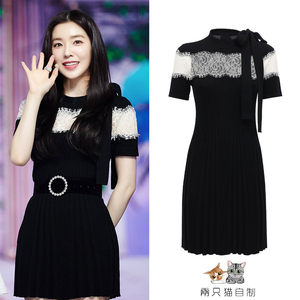 redvelvet裴珠泫irene同款黑色蕾丝连衣裙拼接打歌服演出舞台小礼