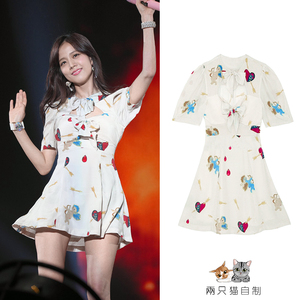 blackpink金智秀同款蝴蝶结显瘦连衣裙短舞台演出服印花镂空修身
