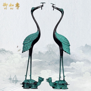 青铜器仿古家居风水摆件灵芝鹤铜仙鹤装饰复古工艺品婚庆影视道具