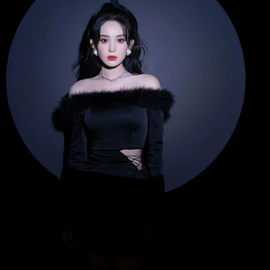 娜扎同款  nana jacqueline羽毛锁骨一字肩绑带连衣裙派对礼服