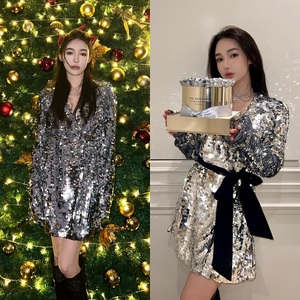 设计师品牌justyf银色湖蓝色闪片连衣裙小礼服bling闪片宴会裙