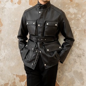 鹿三先生秋冬户外PU游猎装腰带皮衣外套修身型男帅气黑色皮衣夹克