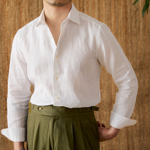 鹿三先生白色100%亚麻意式八字领长袖衬衫休闲通勤透气轻奢衬衣男