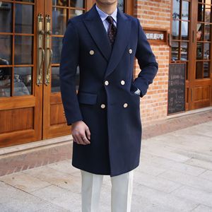 鹿三先生自制冬季厚款双排扣中长款休闲羊毛大衣英伦修身外套男潮