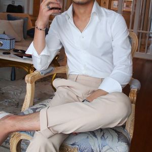 鹿三先生夏季男士礼服领休闲韩版薄款长袖纯色衬衫英伦修身衬衣潮