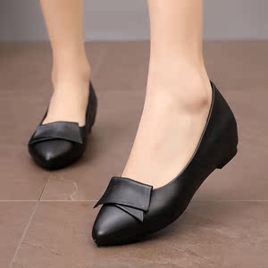 真皮单鞋女士坡跟皮鞋中年40-50岁上海登云女鞋内增高妈妈鞋春秋
