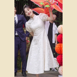 领证小白裙新中式改良旗袍敬酒服订婚礼服晨袍高端精致白色连衣裙