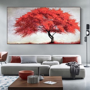 纯手绘油画北欧轻奢发财树客厅装饰画红色枫林餐厅沙发背景墙挂画