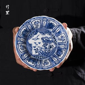 竹里馆 青花壶承花鸟纹盘 景德镇青花瓷民窑 仿古壶承茶盘茶点盘