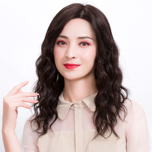 秀亿假发真发100%真人发丝时尚女中分小波浪披肩卷发妈妈假发套