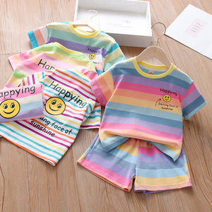 女童洋气彩虹条纹套装夏季2023新款男宝宝笑脸字母印花短袖两件套