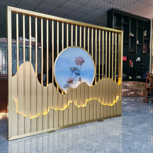 定制不锈钢屏风假山造型影壁背景墙入户山水隔断大堂金属别墅庭院