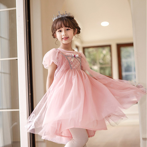 船鼠女童公主裙夏装2022新款印花纱裙长裙粉色韩版洋气儿童连衣裙