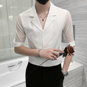 潮流半透明蕾丝七分袖衬衫男夏季西装领网红酒吧夜店工装中袖衬衣