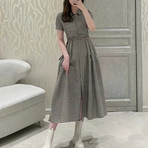 香港代购迪奥2022春夏时尚千鸟格羊毛a字裙女装修身收腰连衣裙潮