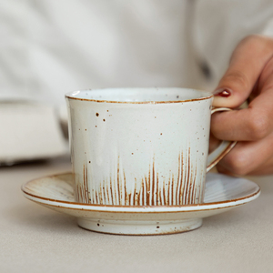 日式小众风设计风复古风粗陶咖啡杯带托盘手工陶泥茶杯奶杯早餐杯