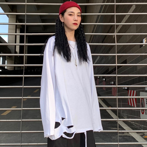白色破洞打底衫春夏美式高街hiphop上衣叠穿内搭长袖t恤女ins潮牌