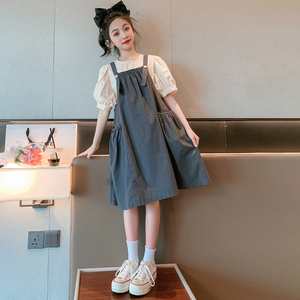韩国女童连衣裙背带裙套装2024新款夏季洋气纯棉大童夏天儿童裙子