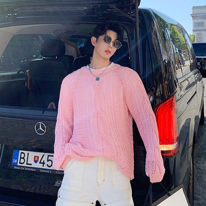 秋冬韩国时尚骚粉色休闲套头毛衣男宽松慵懒风百搭上衣圆领针织衫