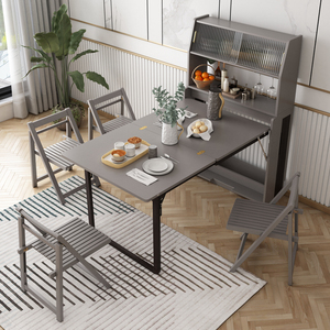 轻奢家用折叠餐桌收纳储物带餐边柜一体小户型靠墙伸缩实木长饭桌