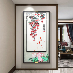 鸿运当头玄关装饰画新中式刺绣挂画入户客厅走廊墙画高档荷花壁画