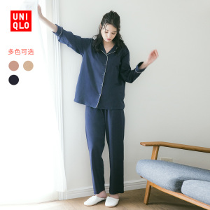 优衣库 女装airism棉混纺睡衣(长袖 家居服 情侣款)440062/437223