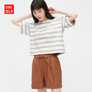 优衣库 女装 条纹短t恤(短袖短款高腰大落肩上衣 宽松) 451612