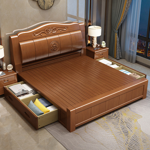 现代中式实木床雕花主卧双人床1.8米经济型简约储物特价实木床