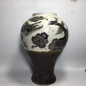 古玩古董古瓷器 清代老窑瓷磁州窑龙凤纹饰刻花大罐 明清老物件