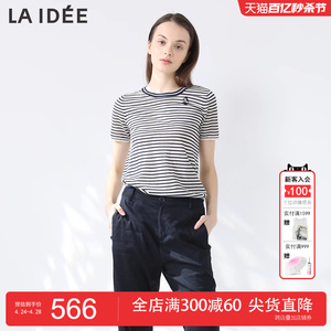 LAIDEE/罗兰伊杜毛织上衣圆领条纹套头修身气质薄款针织衫短袖女