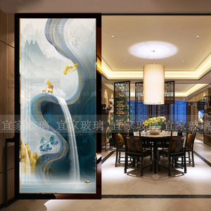 上海艺术玻璃玄关现代北欧禅意山水抽象隔断屏风夹绢夹绢高山流水