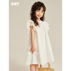 Amybaby女童连衣裙2024新款夏季儿童韩版纯色蕾丝花边袖公主裙