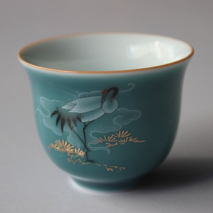 霁蓝釉仙鹤陶瓷茶杯单个家用喝茶杯中式功夫茶具茶道配件仿古创意