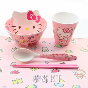 kt猫儿童粉色女孩碗筷勺子三件套可爱凯蒂猫防摔防烫卡通餐具套装