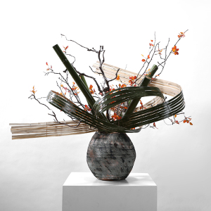 新中式简约竹篾编织架构枯枝禅意仿真花艺酒店大堂售楼部吧台摆件