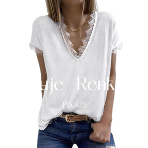 法国Rouje Renksy2024夏季蕾丝拼接V领短袖T恤女设计感气质上衣