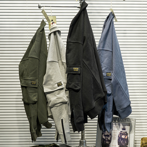 秋冬新款美式重工复古水洗卫衣男款做旧战术套头外套咔叽风格衣服
