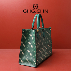 GHG轻奢 新中式国风 高级感墨绿色托特包女手提单肩大包包大容量